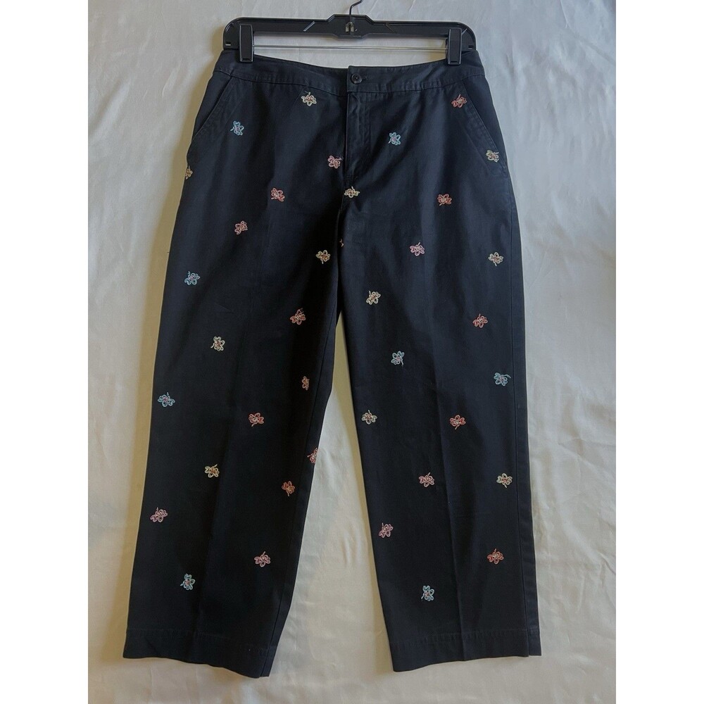 Kate Hill Women's Size 4 Black Chino Pants 100% Cotton Embroidered Floral Leaf